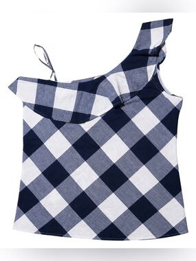 Charming Charlie’s Navy & White Buffalo Plaid One-Shoulder Ruffle Top Size Large